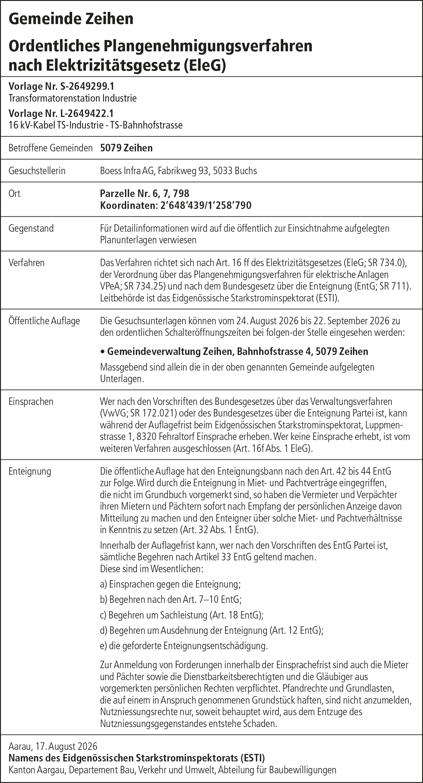 A17025 Elektra Zeihen Zeihen 20.08.2026