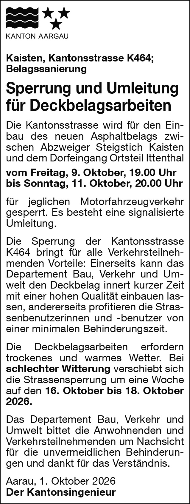 A17303 Kanton Aargau K464 Sperrung Kaisten