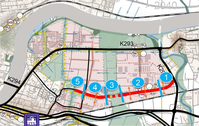 Strasse mit 5 Abschnitten: 1. Bis zu den Gleisen; 2. Südlich DSM; 3. öV/Velo Abschnitt; 4. Gewerbe Münchwilen; 5. Anschluss Stein. Foto: zVg