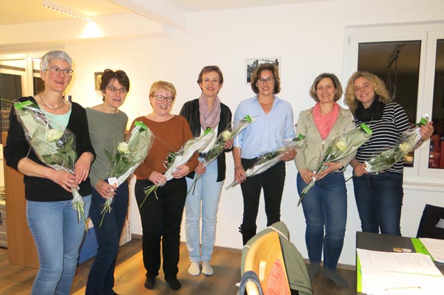 Der neue Vorstand mit Leiterin (von links): Barbara Götz, Astrid Kretz, Daniela Erb, Katharina Roth, Gabi Kuoni, Anja Will und Nicole Lenzin. Foto: zVg