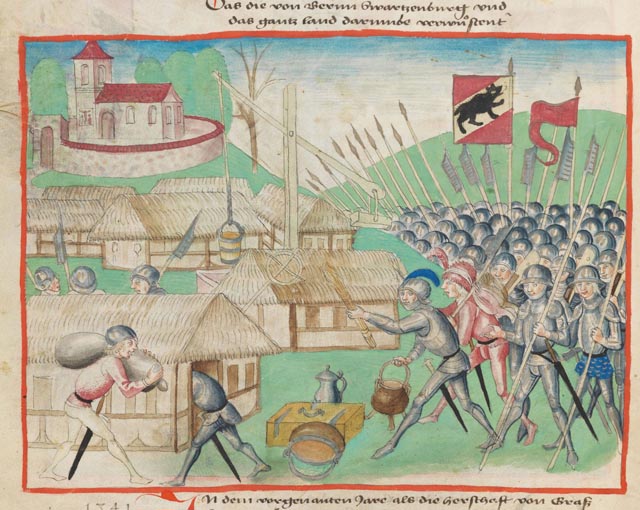Berner Kriegsknechte plündern ein Dorf. Illustration aus der Berner Chronik von Diebold Schilling. Foto: © Diebold Schilling, Amtliche Berner Chronik, Bd. 1, Burgerbibliothek Bern, Mss.h.h.l.1