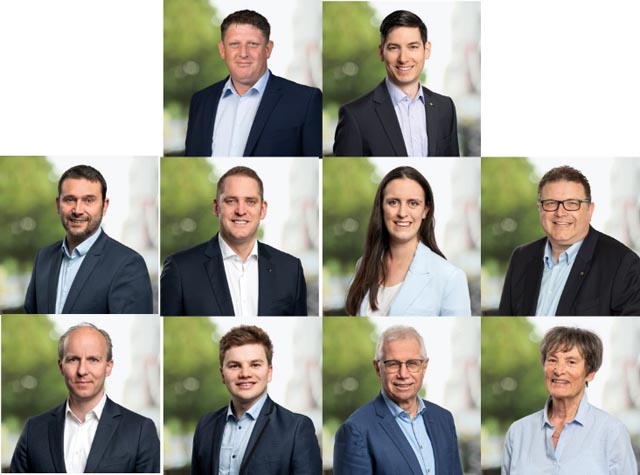 Die Kandidierenden der FDP.Die Liberalen Bezirk Rheinfelden, Liste 3 (jeweils von links): oben: Die beiden Spitzenkandidaten Beat Käser und Manuel Mauch; Mitte: Patric Burkard, Thomas Ernst, Alexandra Giger, Marc Leber; unten: Niklaus Leemann, Christoph Schlienger, Christoph von Büren, Nelly Lehmann. Fotos: zVg