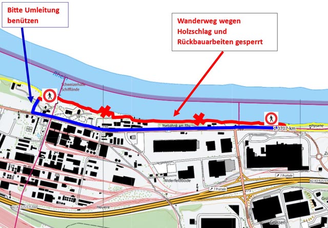 Karte: Umleitung des Rheinwanderwegs beim Areal Rheinlehne. 